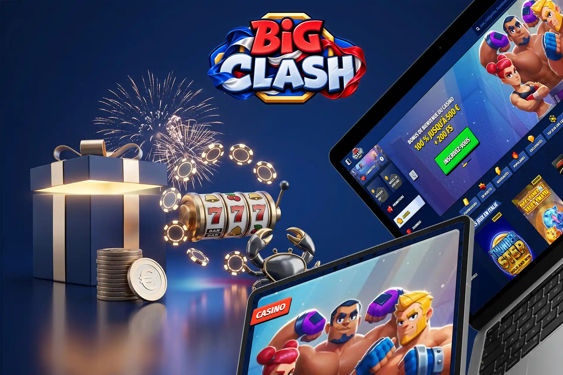 Aperçu des jeux de casino et des paris sportifs sur BigClash Casino, affichés sur ordinateur et mobile avec des feux d'artifice en arrière-plan