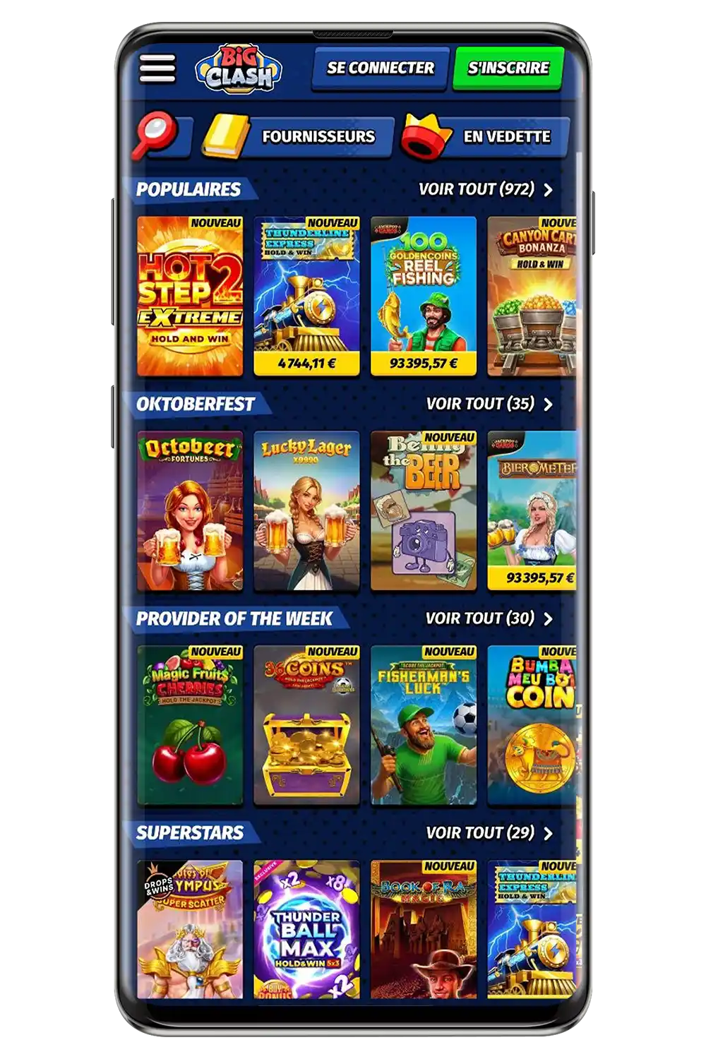 Captures d’écran du site officiel du casino BigClash sur un appareil mobile