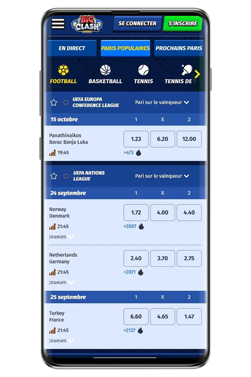 Captures d’écran du site officiel du casino BigClash sur un appareil mobile